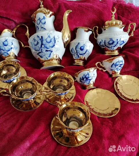 Кофейный сервиз Гжель позолота с полумесяцем