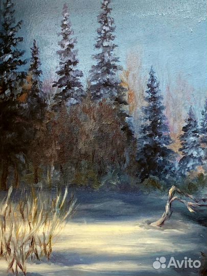 Картина маслом зимний пейзаж Зимняя река 40х50 см