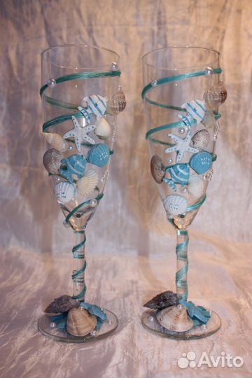 Свадебные бокалы фужеры ручной работы морской бриз