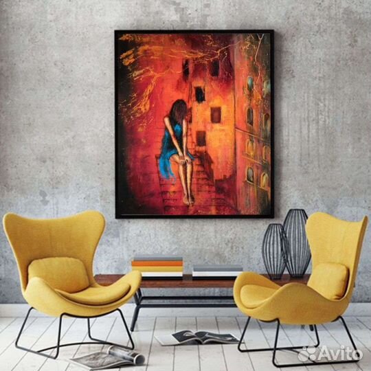 Картина маслом, холст 50х70 Девушка в синем