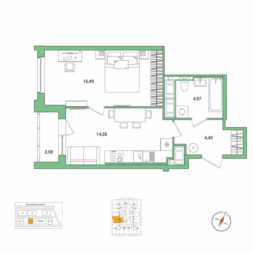 1-к. квартира, 41,4 м², 21/25 эт.
