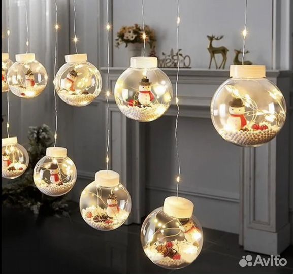 Гирлянда 10 шаров 3м снеговик и дед мороз снег