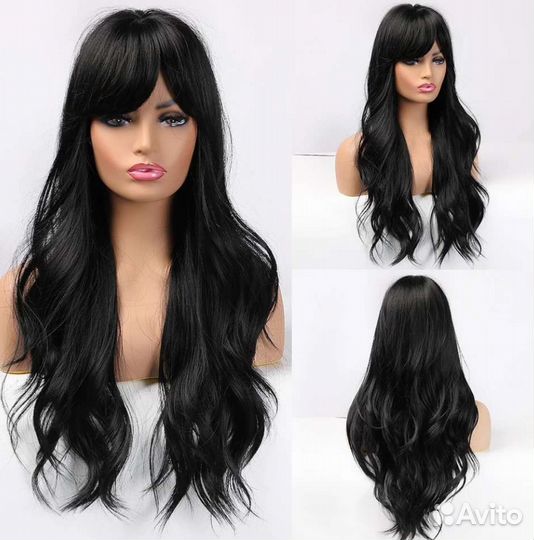 Парик черный с челкой. Новый, волнистый