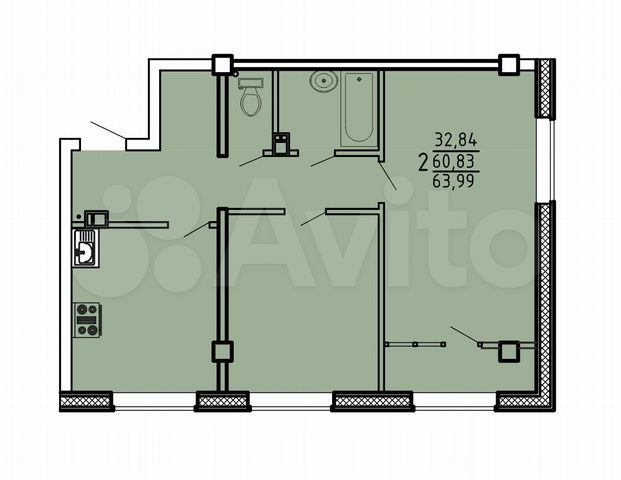 2-к. квартира, 64 м², 1/9 эт.