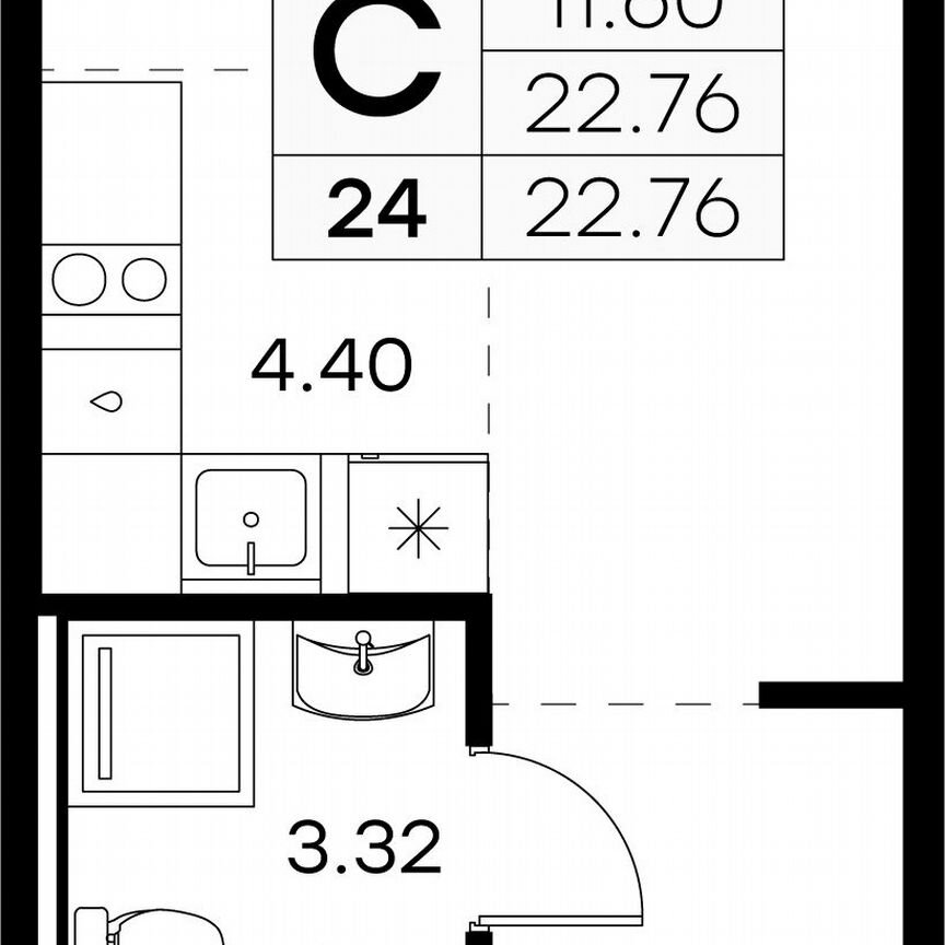 Квартира-студия, 22,8 м², 2/9 эт.