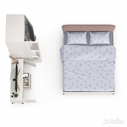 Гарнитур спальный с тв-тумбой и шкафом и кроватью с мягкой спинкой Валенсия № 42, цвет белый шагрень