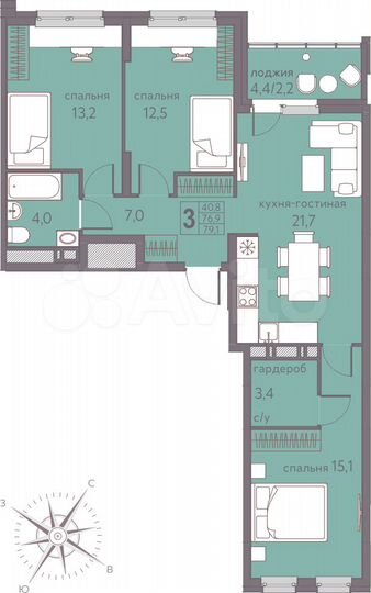 3-к. квартира, 79,1 м², 5/22 эт.