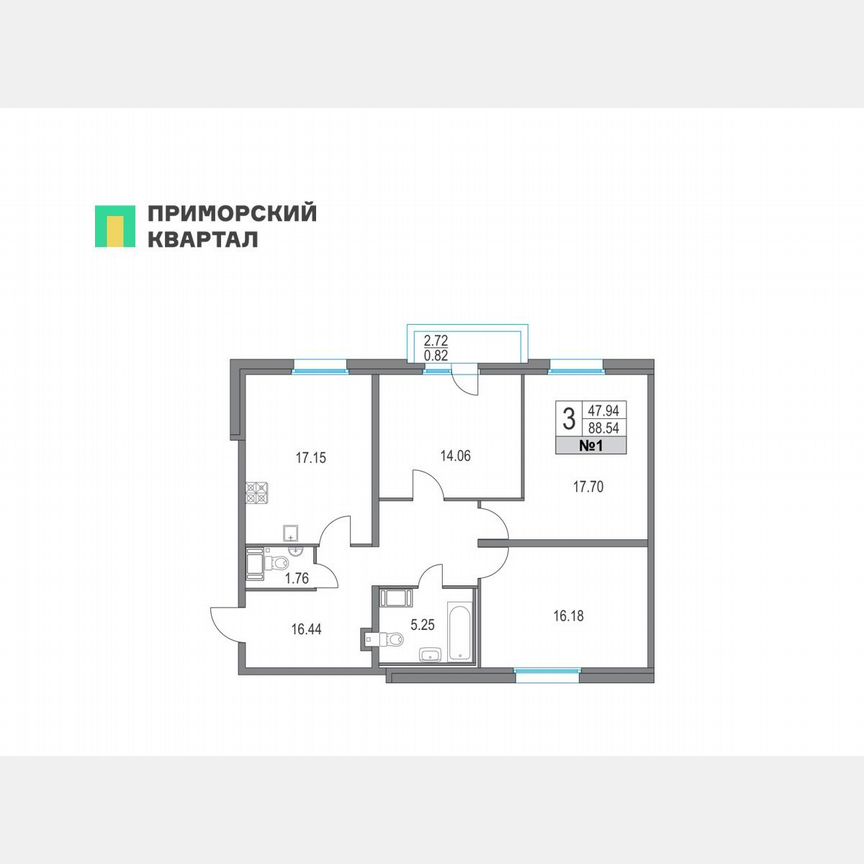 3-к. квартира, 88,5 м², 2/25 эт.