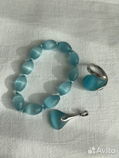 Комплект из голубого кварца - кошачий глаз