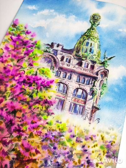 Картина акварелью. Дом Зингера. Сирень