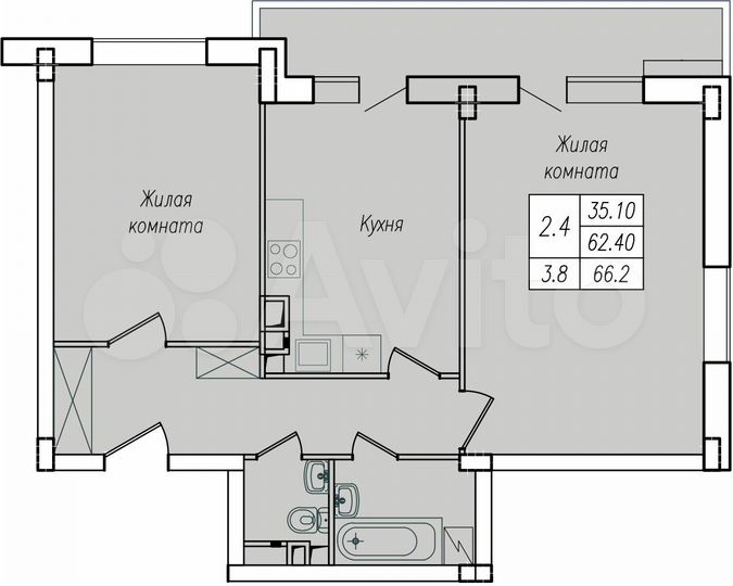 2-к. квартира, 66,2 м², 4/10 эт.