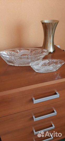 Хрустальный салатник-ладья СССР новая 2 шт