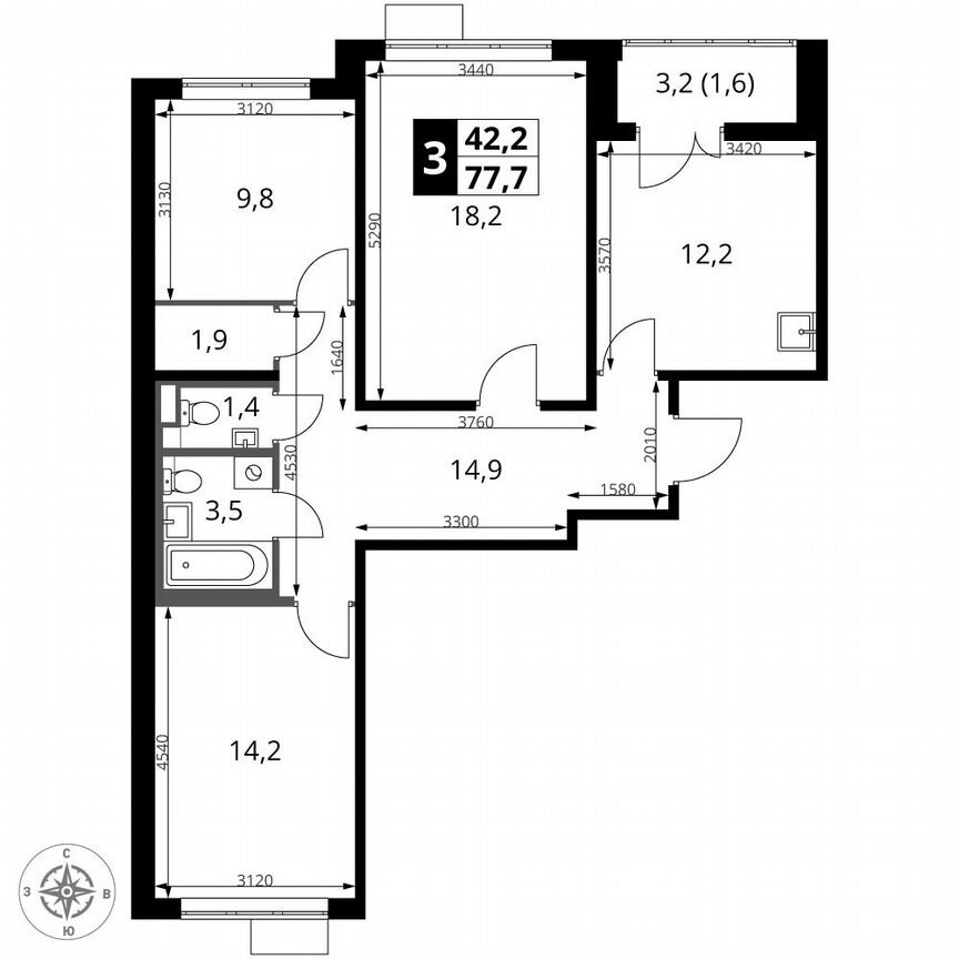3-к. квартира, 77,7 м², 2/9 эт.