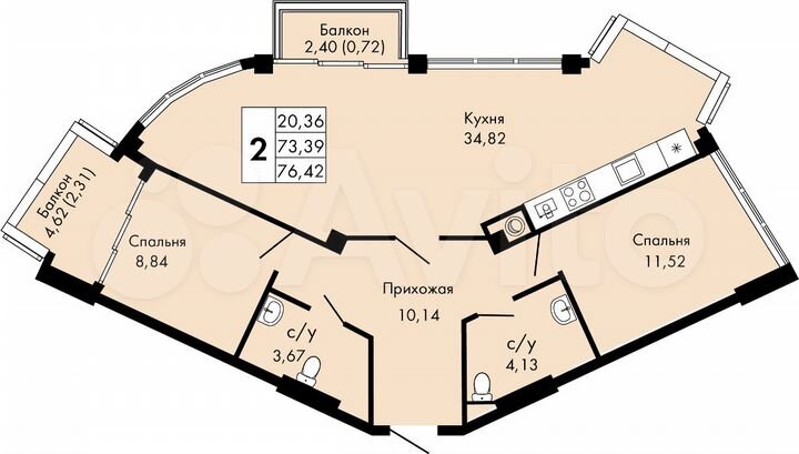2-к. квартира, 76,4 м², 4/9 эт.