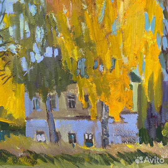 Картина маслом Береза у дома Пейзаж на холсте