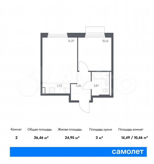 2-к. квартира, 36,5 м², 6/9 эт.