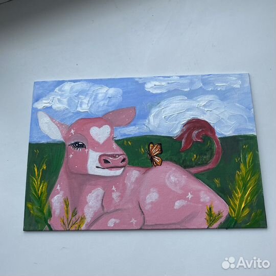 Коровка на холсте 20х30