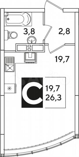 Квартира-студия, 26,3 м², 15/16 эт.