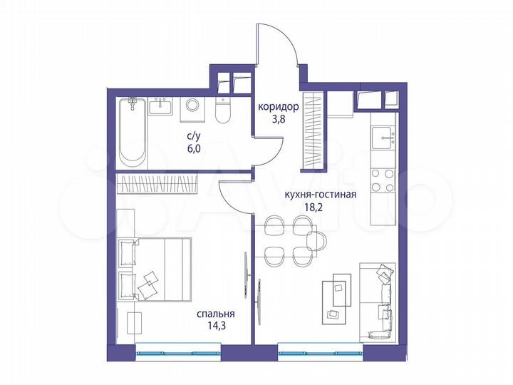 1-к. квартира, 42,3 м², 19/22 эт.