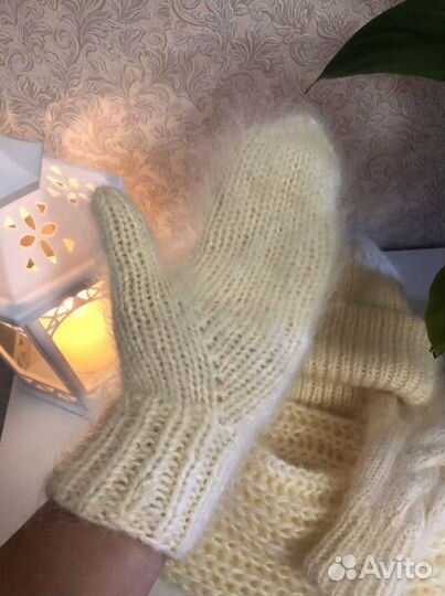 Пушистый коплект мохер шапка варежки снуд