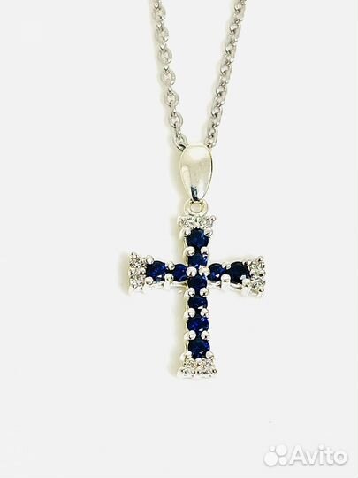 Крест из белого золота с бриллиантами и сапфирами