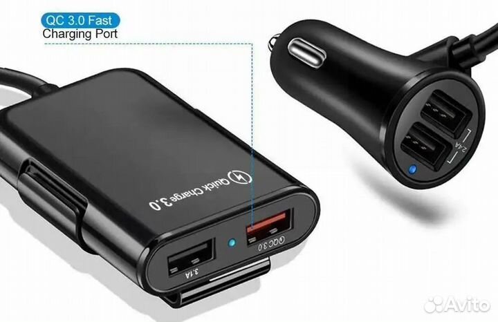 Автомобильное зу с удлинителем, 36W, 4 USB, 1.8 м