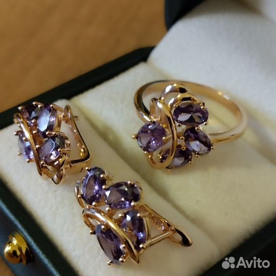 Золотые кольцо серьги с аметистом 585 RG