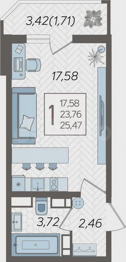 Квартира-студия, 25,5 м², 8/25 эт.