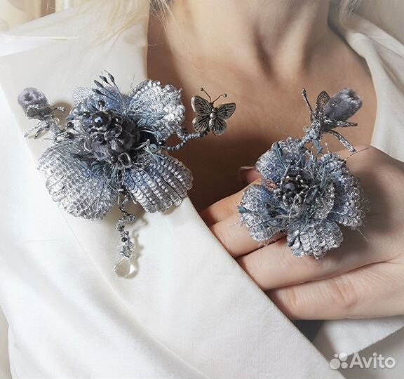 Кулон-брошь и кольцо Маки:кутюрная вышивка,самоцве