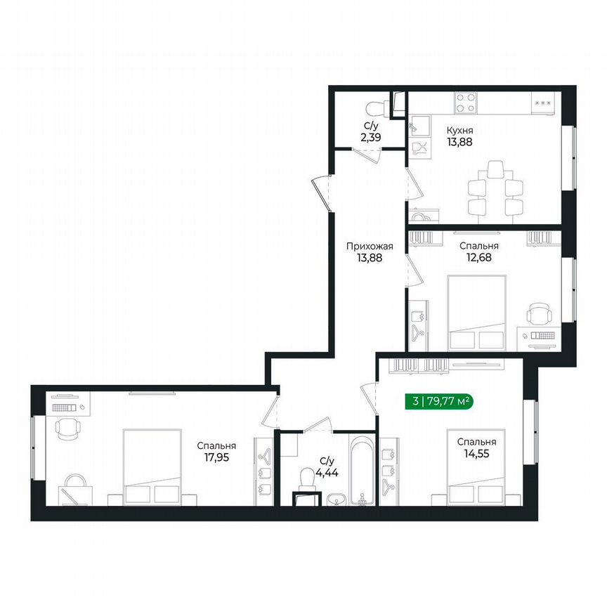 3-к. квартира, 79,8 м², 1/8 эт.