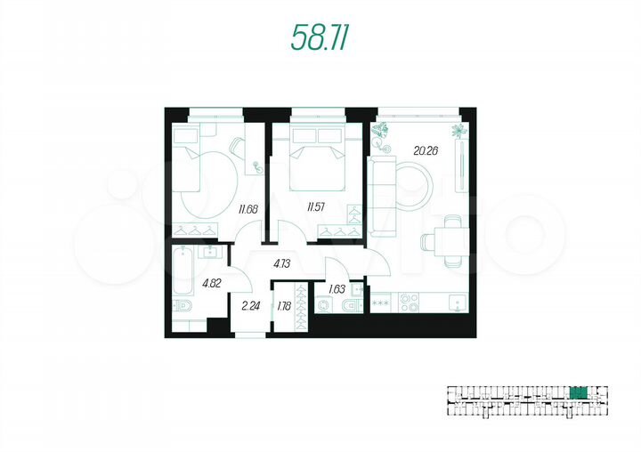 2-к. квартира, 58,7 м², 10/10 эт.