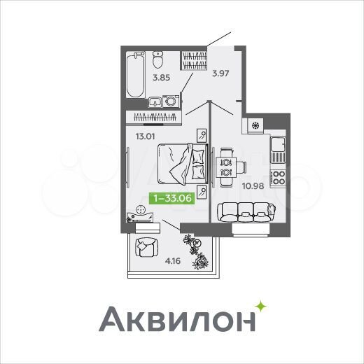 1-к. квартира, 33,1 м², 5/9 эт.