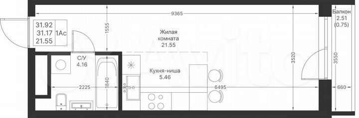 Квартира-студия, 31,9 м², 4/25 эт.