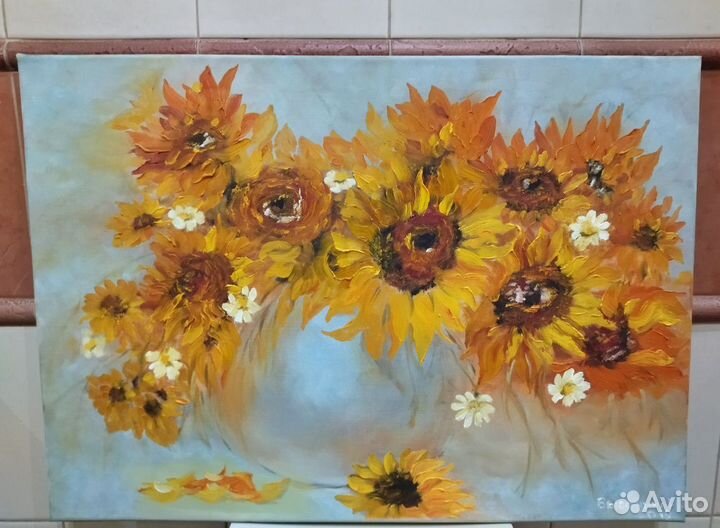 Картина маслом на холсте Подсолнухи с ромашками