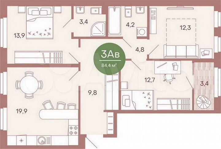 3-к. квартира, 84,4 м², 1/17 эт.