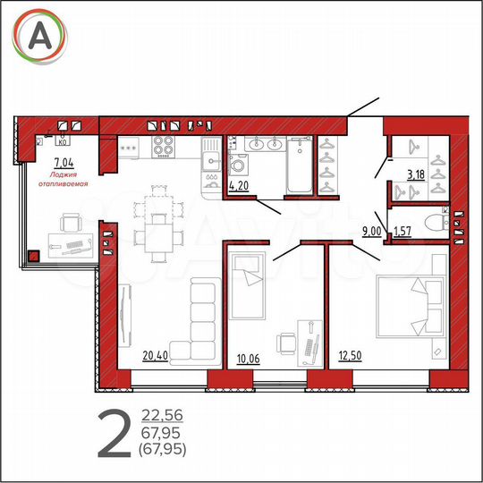 2-к. квартира, 68 м², 6/9 эт.