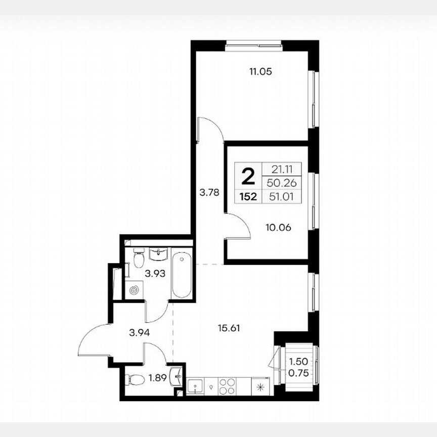 2-к. квартира, 51 м², 2/9 эт.