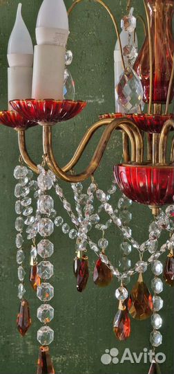 Хрустальная люстра. Латунь Цветной хрусталь Винтаж