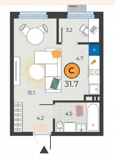 Квартира-студия, 32 м², 6/6 эт.