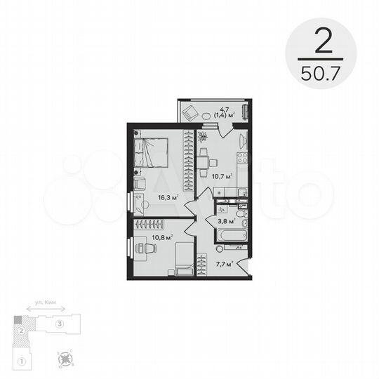 2-к. квартира, 50,7 м², 3/12 эт.