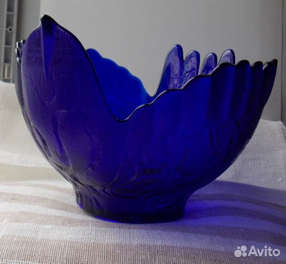 Ваза салатник конфетница Глухарь. Синее стекло