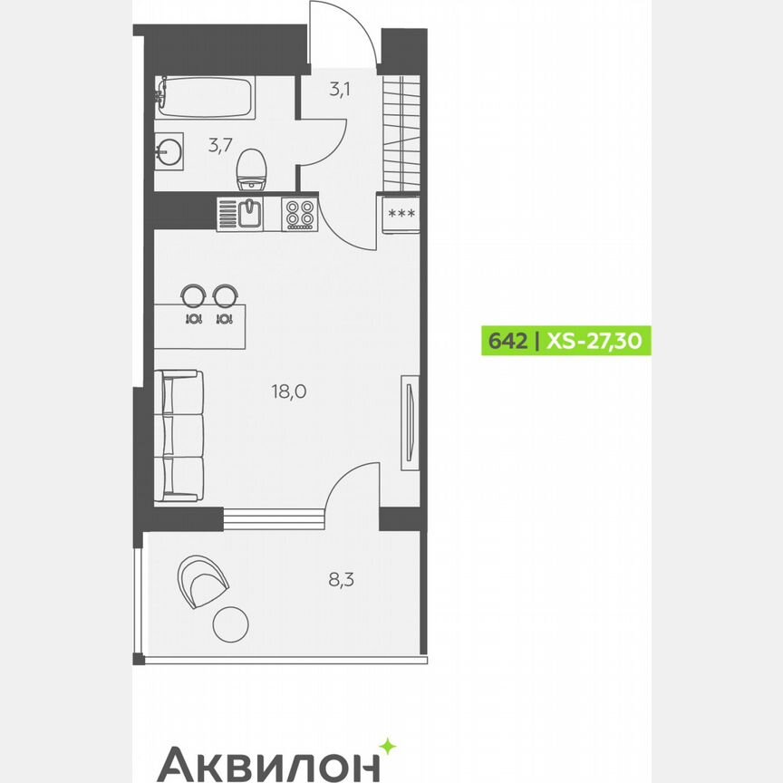 Квартира-студия, 27,3 м², 12/12 эт.