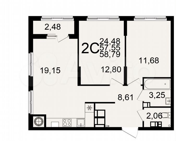 2-к. квартира, 58,8 м², 13/25 эт.