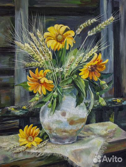 Картина маслом Натюрморт с цветами и пшеницей