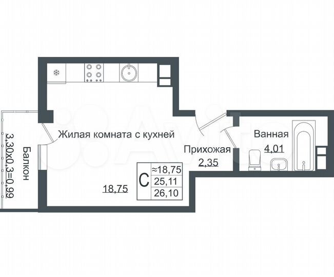 Квартира-студия, 27 м², 1/8 эт.