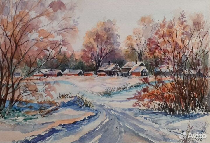 Картина акварелью. Пейзаж. Зима. 21х30 см