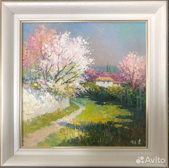 Картина маслом на картоне цветущий юг