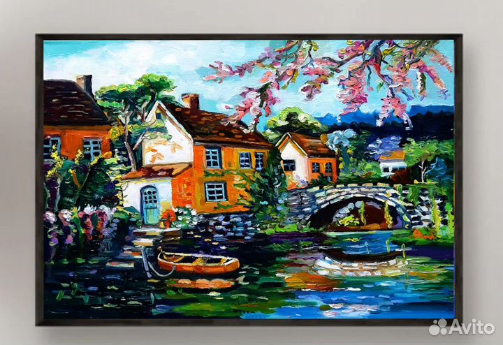 Картина маслом Пейзаж с домиками холст 30на40см