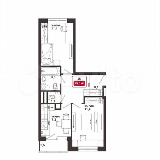 2-к. квартира, 45,1 м², 4/4 эт.