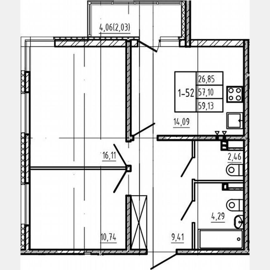 2-к. квартира, 57,1 м², 2/4 эт.